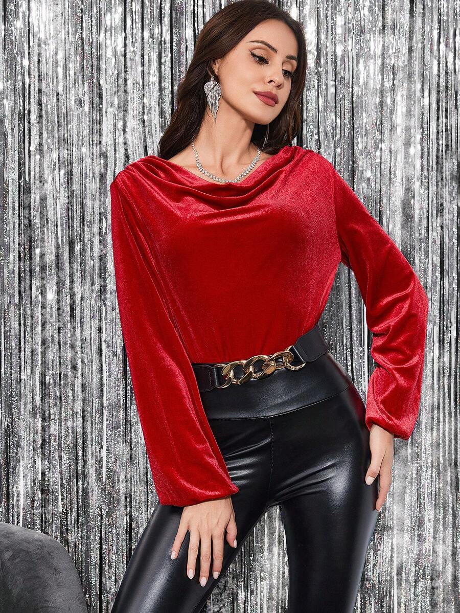 SHEIN Clasi Draped Collar Lantern Sleeve Velvet Tee - Red - View 1