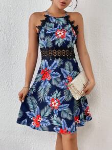 SHEIN Frenchy Women 24 Spring Dress Lace Splice Halter Neck Floral Print Vacation Summer A-Line Midi Dress With Waist Tie - Multicolor - View 4