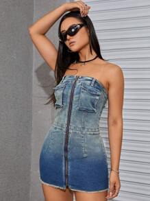 SHEIN ICON 漸層翻蓋口袋拉鏈開襟毛邊抹胸牛仔連衣裙 - 藍色 - 查看 4