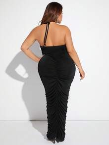 SHEIN X GiudiceGirls Plus Ruched Halter Neck Backless Dress - Black - View 2