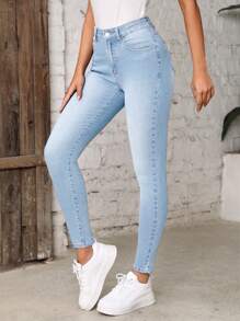 SHEIN EZwear 高腰緊身牛仔褲 - 淺色水洗藍 - 查看 5