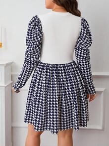 SHEIN Privé Hơn In Houndstooth Tay áo Đầm - Màu xanh hải quân - Xem 2