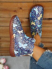 Ladies' Blue Floral Ankle Boots And Short Boots - Blue - View 3