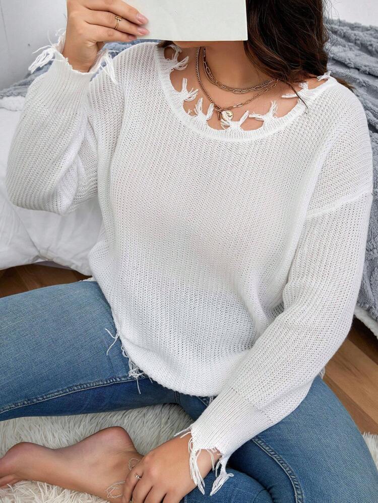 Plus Drop Shoulder Distressed Trim Sweater Knit Pullover Fall Winter Sweater