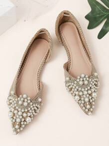 Women Faux Pearl Decor Flats, Fashionable Point Toe Ballet Flats - Camel - View 4