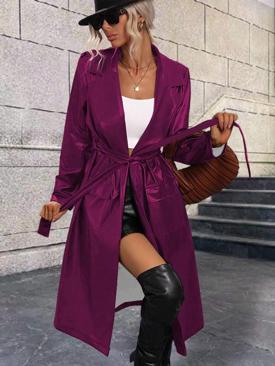 SHEIN Clasi Lapel Neck Flap Pocket Belted PU Coat - Hot Pink - View 1