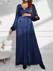 SHEIN 孕婦交疊領燈籠袖高衩繫腰帶洋裝