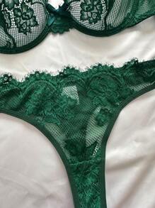 Floral Lace Underwire Lingerie Set - Dark Green - View 4