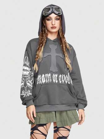 Grunge Punk Letter Graphic Kangaroo Pocket Drawstring Hoodie