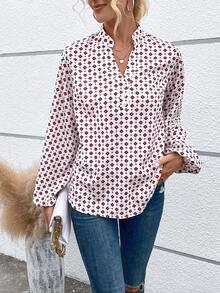 SHEIN VCAY 滿版印花燈籠袖襯衫 - 白色 - 查看 6