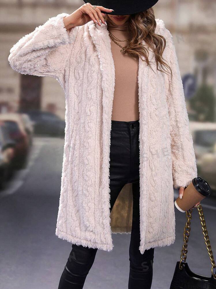 SHEIN LUNE Open Front Hooded Teddy Coat