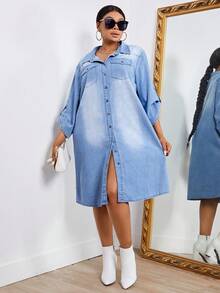 SHEIN SXY Plus Roll Up Sleeve Flap Pocket Button Front Denim Dress - Light Wash - View 5