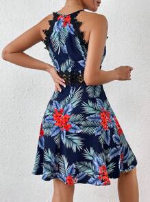 SHEIN Frenchy Women 24 Spring Dress Lace Splice Halter Neck Floral Print Vacation Summer A-Line Midi Dress With Waist Tie - Multicolor - View 2