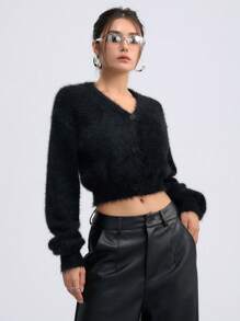 DAZY 落肩袖短款毛茸茸開襟衫 - 黑色 - 查看 3