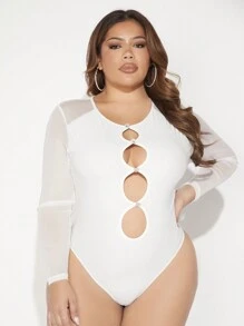 SHEIN SXY Plus Cut Out Front Contrast Mesh Bodysuit - White - View 1