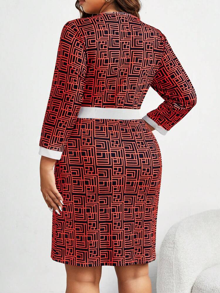 Plus Geo Print Contrast Trim Button Front Dress