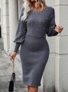 EMERY ROSE 珍珠串珠燈籠袖毛衣洋裝 - 深灰色 - 查看 3