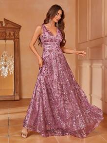 Faeriesty 女士优雅V领无袖A字亮片装饰连衣裙 - 轻盈飘逸的春夏正式礼服 - 完美适用于婚礼宾客、盛大晚宴、红毯活动、夏季度假派对 - 紫色 - 查看 7