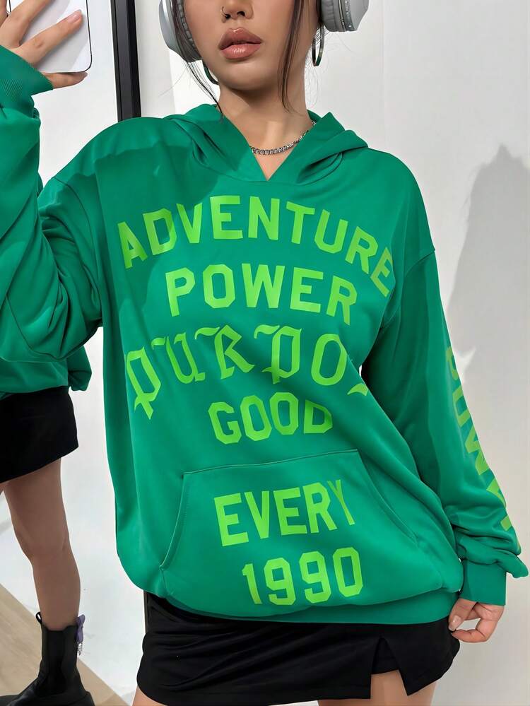 Slogan Graphic Kangaroo Pocket Drop Shoulder Hoodie
