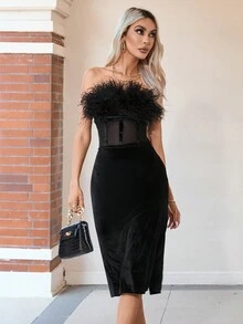 SHEIN Privé Fuzzy Trim Mesh Insert Tube Bodycon Dress - Black - View 4