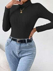 Chiquease Turtleneck Ribbed Knit Bodysuit Fall Cloth For Women - Black - View 4