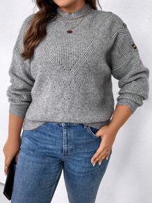 SHEIN LUNE 大碼紐扣細節小高領落肩袖套頭毛衣 - 灰色 - 查看 5