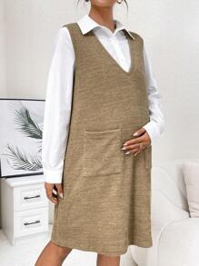 SHEIN 孕婦素色襯衫&口袋貼布背心洋裝 - 卡其色 - 查看 5