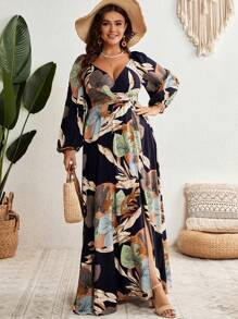 SHEIN VCAY Plus Tropical Print Lantern Sleeve Wrap Hem Dress - Multicolor - View 5