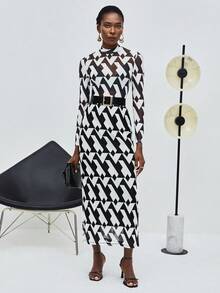 Maija Geo Print Mock Neck Mesh Top - Black and White - View 7