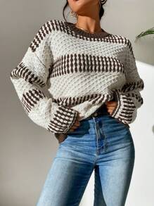 SHEIN Essnce Jersey de color combinado de cuello redondo de hombros caídos - Multicolor - Ver 8