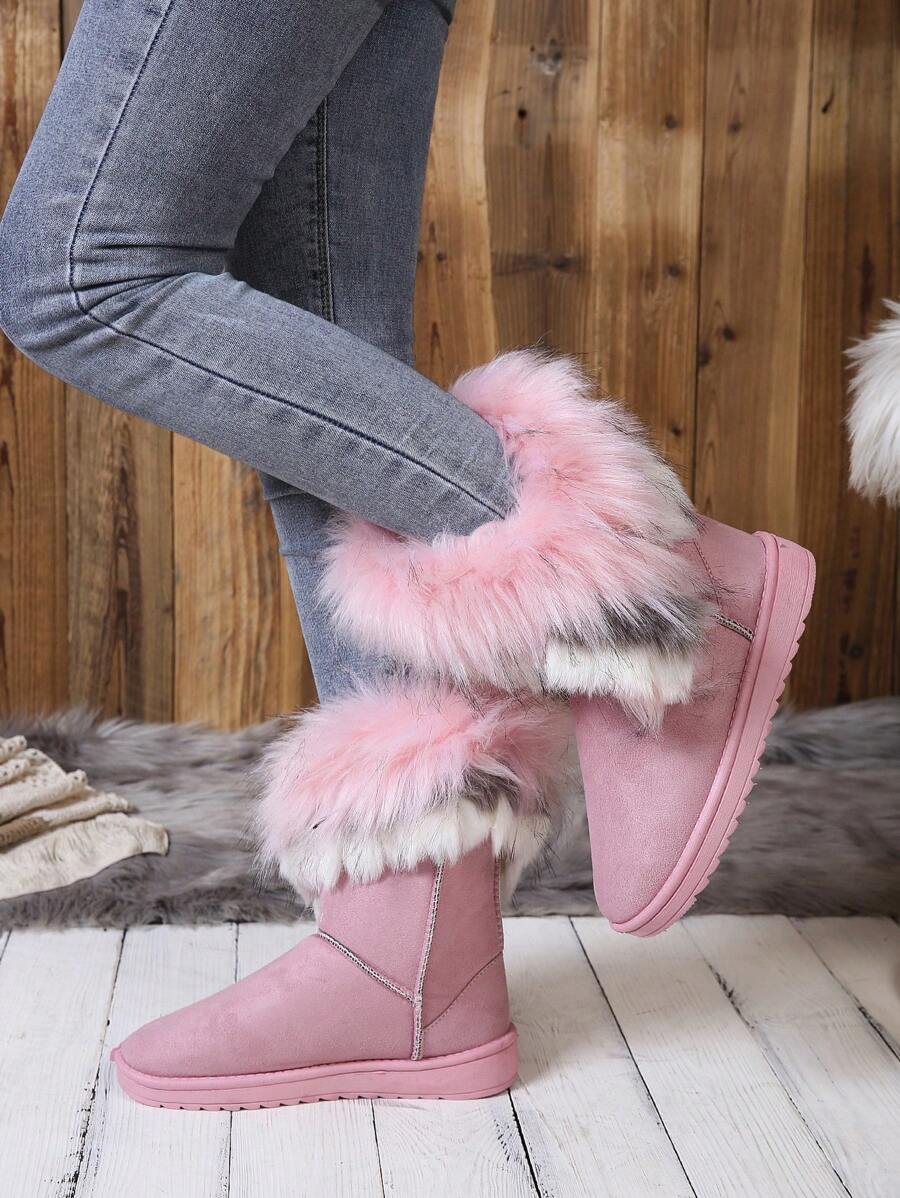 Women's Fashion Comfortable Faux Fur Lining Warm Non-Slip Easy On/Off Winter Snow Boots - Pink - View 1