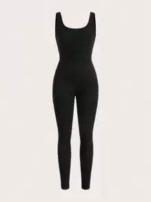 SHEIN BASICS Solid Unitard Jumpsuit - Black - View 7
