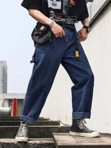 Manfinity Men Slant Pocket Straight Leg Jeans Without Belt - Dark Wash - View 4