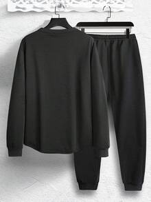 Manfinity Homme Nam Chất rắn Áo nỉ & Eo dây rút Quần thể thao - Màu xám đen - Xem 2