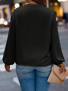 Calvaya Plus Guipure Lace Insert Lantern Sleeve Blouse - Black - View 2