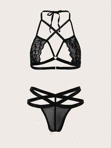 Classic Sexy Floral Lace Criss Cross Lingerie Set - Black - View 2