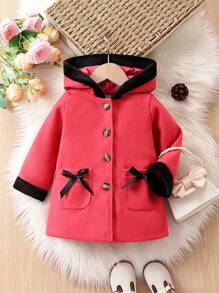 Baby Girl Contrast Trim Bow Front Dual Pocket Hooded Overcoat - Hot Pink - View 1