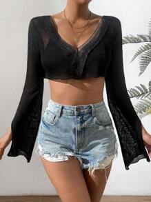 SHEIN Swim Contrast Trim Crop Cover Up Top Without Bra Summer - Black - View 2