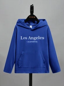SHEIN Tween Boy Letter Graphic Kangaroo Pocket Hooded Tee - Blue - View 4