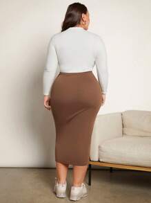 SHEIN BASICS Plus High Waist Pencil Skirt - Mocha Brown - View 2