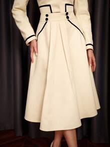 Vintamour 复古优雅女式拼色喇叭裙演唱会长裙复古衣服冬季女装老钱美学秋装教师服装 - 米色 - 查看 5