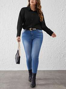 SHEIN Privé Hơn Chất rắn Nút phía trước Áo sơ mi - màu đen - Xem 6