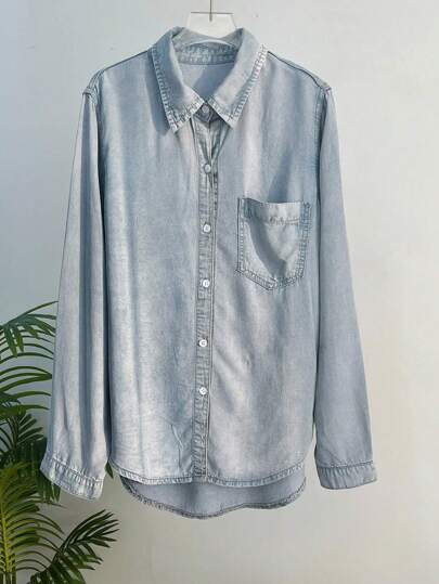 DAZY Blusa de mezclilla con bolsillo con parche y botones, chaqueta de mezclilla, ropa de mujer de otoño de manga larga