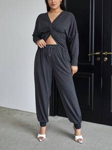 SHEIN Essnce Plus Twist Front Drop Shoulder Tee & Drawstring Waist Sweatpants - Dark Grey - View 3