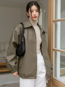 DAZY 落肩袖斜口袋PU皮革夾克 - 橄欖綠 - 查看 1