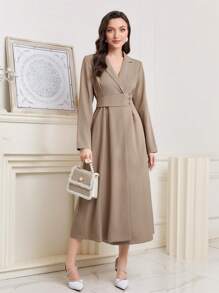 Seusyu Solid Lapel Neck Dress - Khaki - View 5