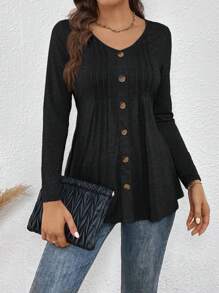 SHEIN LUNE Button Front Fold Pleated Tee - Black - View 4