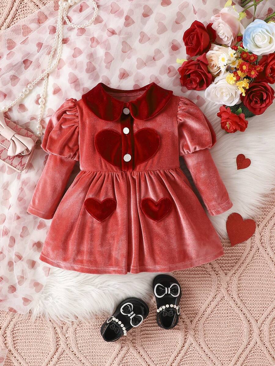 前紐扣純色嬰童（女）洋裝 - 紅色 - 查看 1