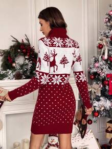 SHEIN Frenchy 秋冬圣诞图案高领毛衣裙 - 酒紅色 - 查看 2