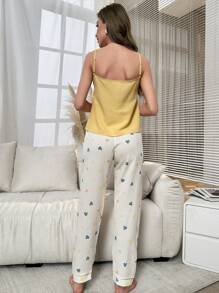 Conjunto de pijama Top de tirantes con estampado de corazón ribete en contraste con pantalones - Multicolor - Ver 2